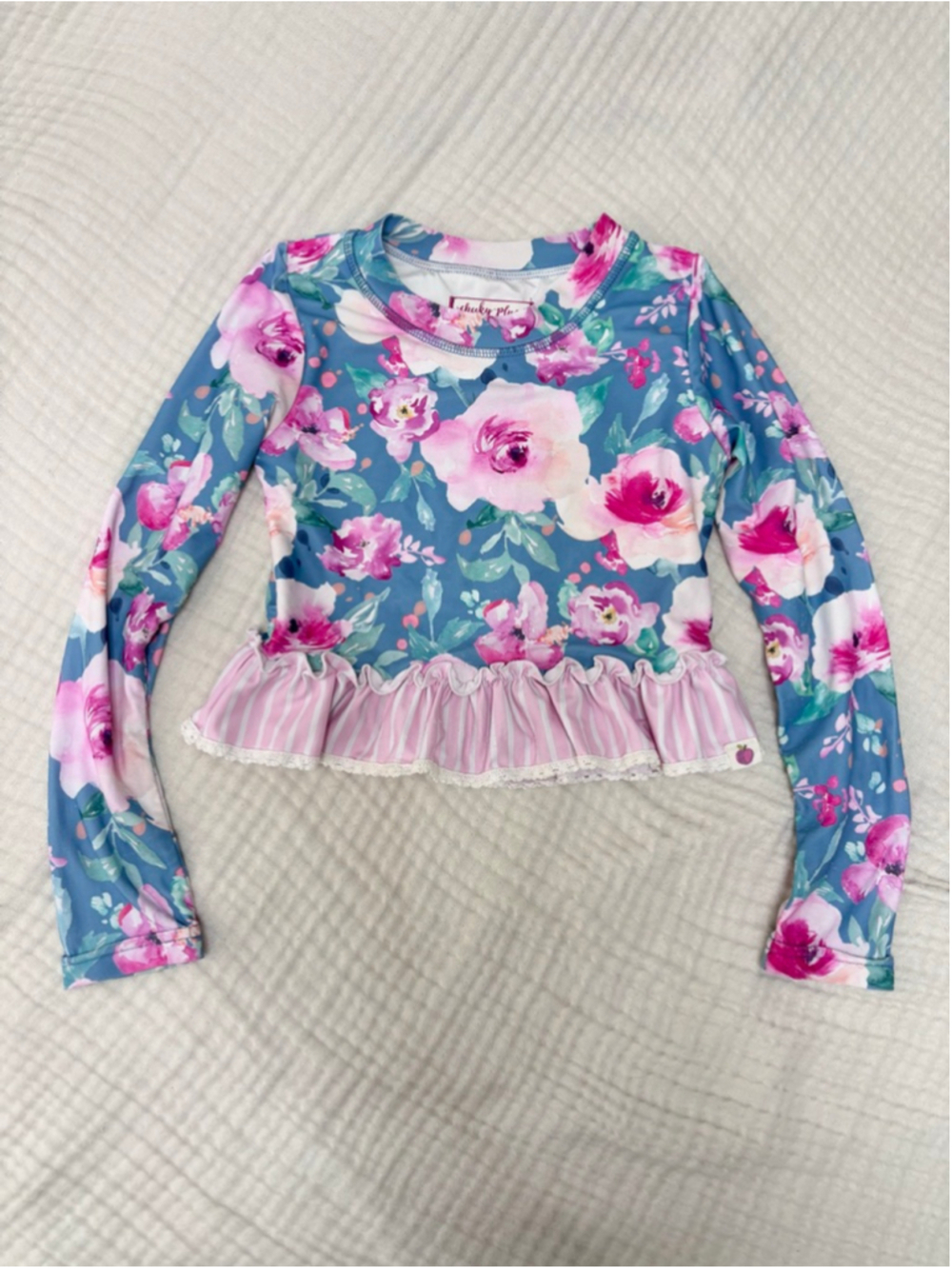 Girls Cheeky Plum Rashguard 6 Blue Pink Floral Striped Ruffle Swim